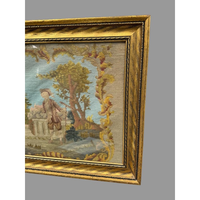 Victorian Antique Victorian Gilt Framed Scenic Landscape Needlepoint Tapestry With Boy For Sale - Image 3 of 8