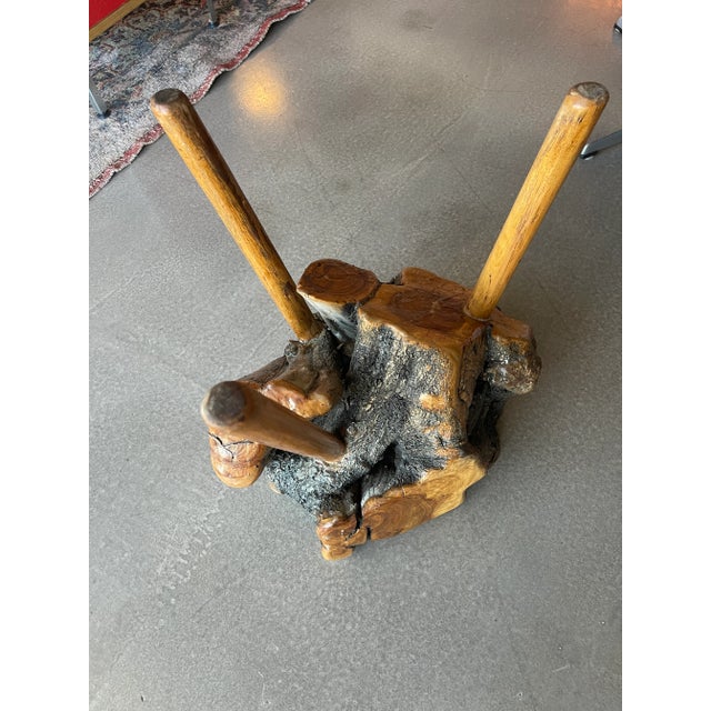 Brown 1960s Mid Century Cypress Root Side Table Live Edge Burl Tripod Stool George Nakashima Style Sculptural Organic Studio Craft For Sale - Image 8 of 11