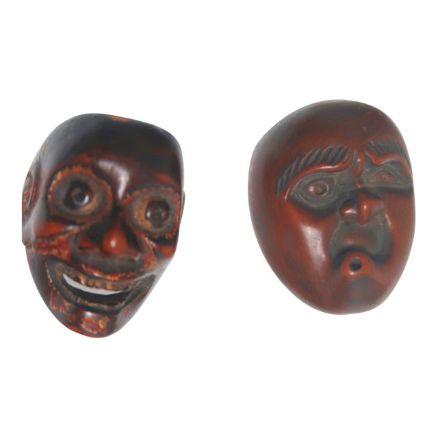 Antique Carved Japanese Wood Mask Netsukes, Signed Deme Joman and Iko For Sale