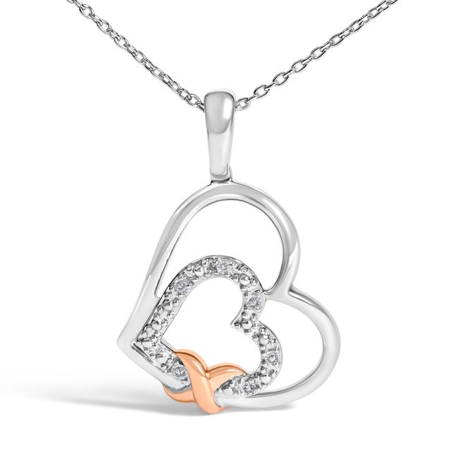 Contemporary .925 Sterling Silver Double Heart Pendant Necklace with Diamond and 10K Rose Gold Accent For Sale - Image 3 of 4