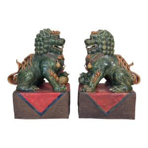 Vintage Sancai Glaze Chinese Pottery Foo Dog Sculptures Garnitures Guardians Pair