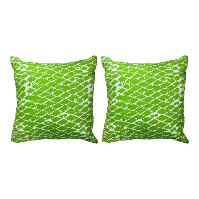 Pair of Nantucket Gyotaku Lime Green Fish Scale Pillows 24" For Sale