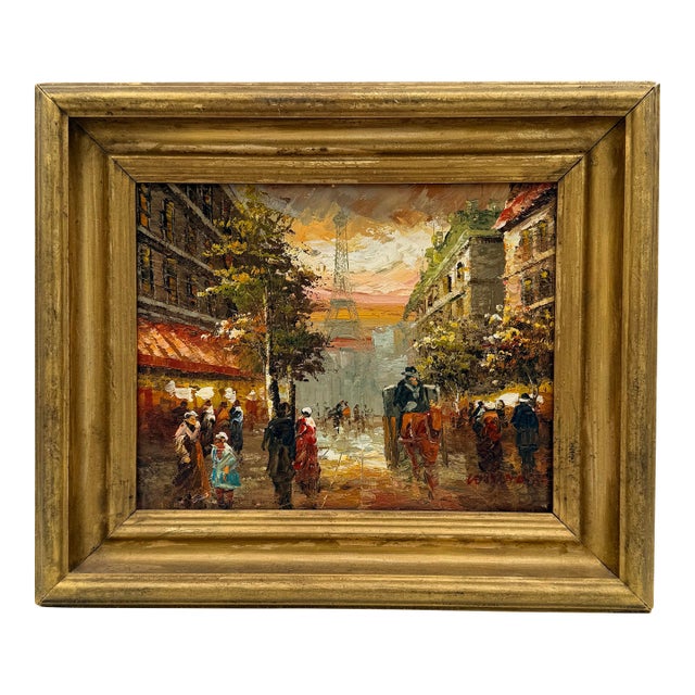 Vintage Paris Street Scene Oil Painting With Eiffel Tower – Impressionist Café Landscape in Gilt Frame For Sale
