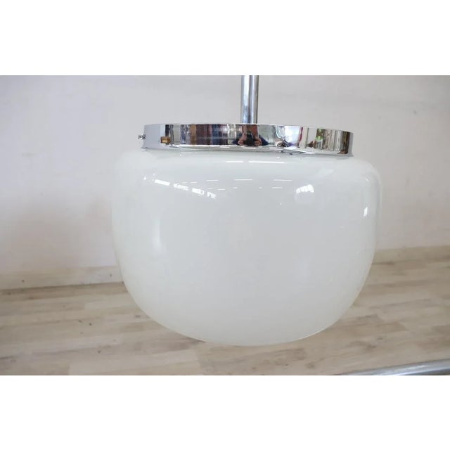 Silver Opaline Glass and Chrome Pendant Light, 1960s For Sale - Image 8 of 11