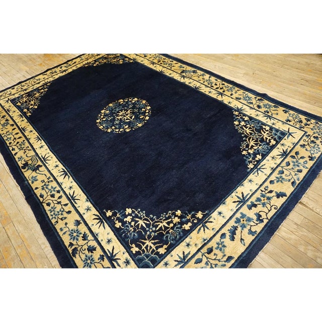 1900 - 1909 1900s Wool Rectangle Antique Blue Chinese Peking Hallway Runner Knotted Rug For Sale - Image 5 of 12