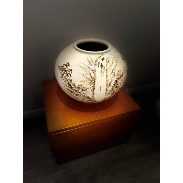 Coffee 1980s Signed Asian Hand- Painted Scenic Vases | Moon Jars For Sale - Image 8 of 12