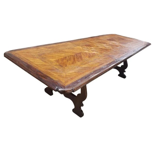 Wood Dennis & Leen Baroque Style Walnut Oak Mahogany Parquetry Trestle Dining Table For Sale - Image 7 of 13