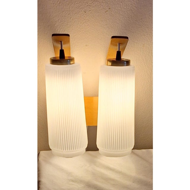 Wood Beech Frame 2-Flame Wall Lamp with Opaque White Glass Shades, 1970s For Sale - Image 7 of 9