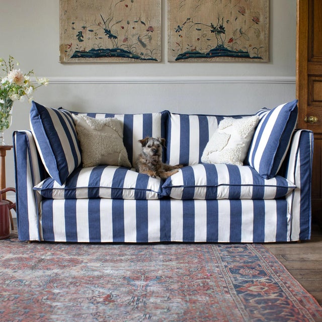 English Sophie Conran Coco 2.5 Seater Sofa - Sea Holly Blue Stripes with Knife Edge Cushion For Sale - Image 3 of 12