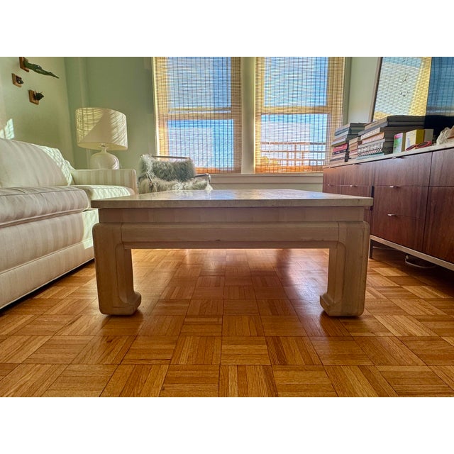 Asian 1970s Karl Springer Style Ming-Base Travertine Coffee Table For Sale - Image 3 of 6