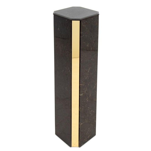 Karl Springer Style Tessellated Stone and Brass Pedestal. 36.25" H x 10.25" W x 10.25" D. Provenance: From a New York City...
