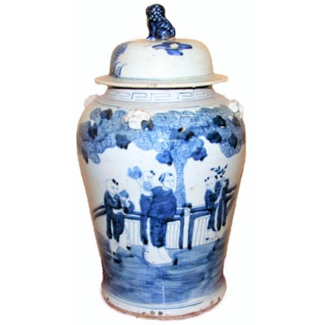Chinoiserie Large Blue & White Chinoiserie Ginger Jar With Children For Sale - Image 3 of 3
