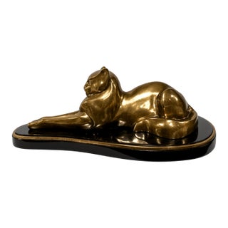 Late 20th Century Maitland Smith Brass Puma Sculpture on Stone Base For Sale