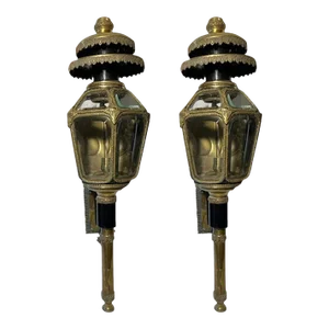 Antique Late 19th Century Brass and Glass Coach Lamps - a Pair