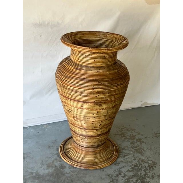 Boho Chic 1960s Gabriella Crespi Style Italian Pencil Reed Rattan Large Floor Vase/Urn For Sale - Image 3 of 12