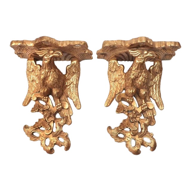 Large Federal Gilt Eagle and Foliate Wall Sconce Shelves, Pair For Sale