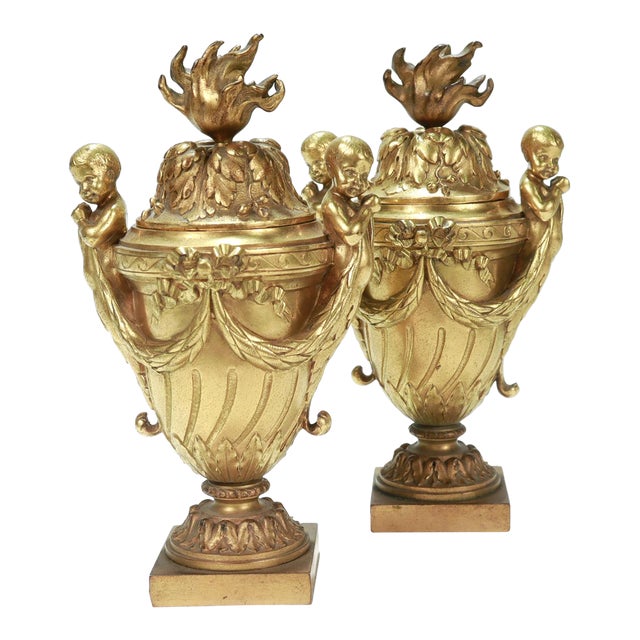 Pair of French Antique Cabinet Sized Doré Gilt Bronze Cassolettes / Covered Urns For Sale