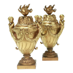 Pair of French Antique Cabinet Sized Doré Gilt Bronze Cassolettes / Covered Urns