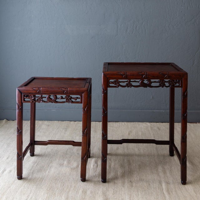 Chinoiserie Asian Rosewood Nesting Tables With Carved Bamboo Bird and Flower Fretwork For Sale - Image 3 of 18