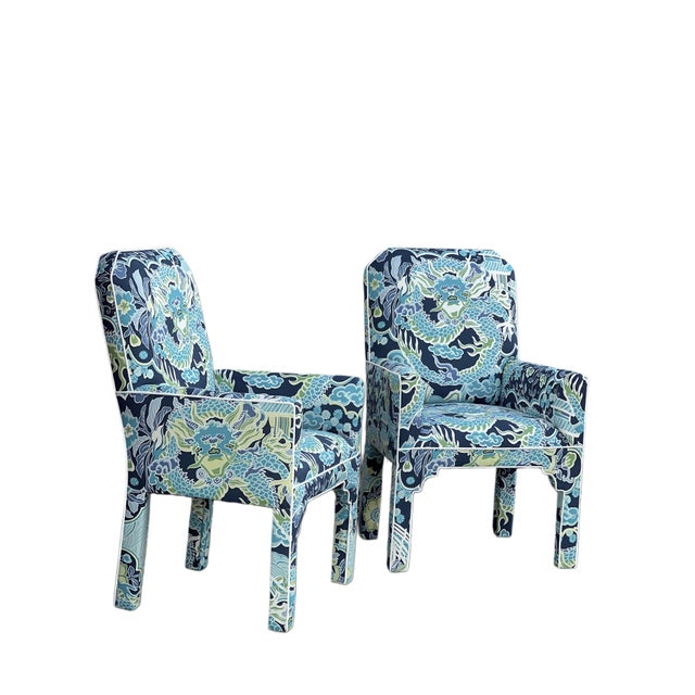 1980s Pair MCM CasaBique Ming Armchairs in Thibaut “Imperial Dragon” For Sale - Image 6 of 18