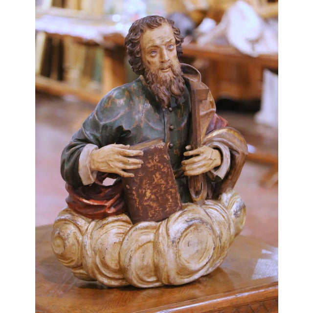 Wood 17th Century Polychrome Carved Wood Sculpture of Saint Thomas the Apostle For Sale - Image 7 of 9