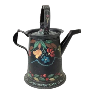 Large Antique Black Hand Painted Toleware Coffee Pot