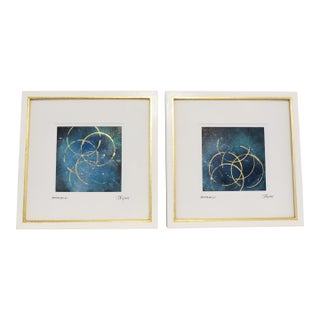 Custom Modern Gold Leaf Framed Abstracts by C. Damien Fox, a Pair. 2025 For Sale