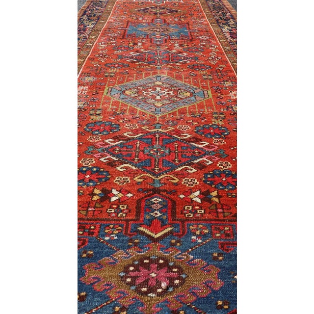 Early 20th Century Antique Hand Knotted Geometric Persian Long Heriz Runner in Red, Blue and Teal 3'4 X 14'4 For Sale - Image 5 of 14