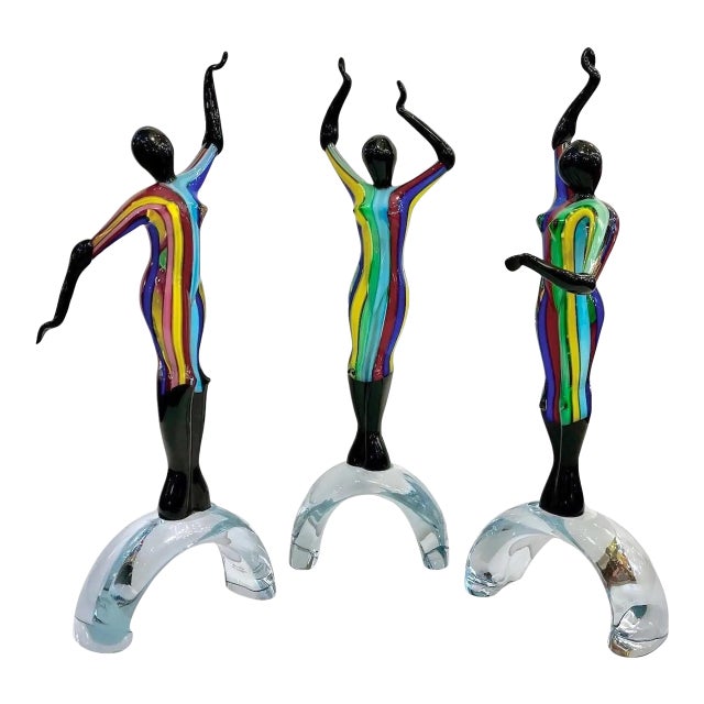 1980s Italian Colorful Murano Glass Set 3 Ballet Dancers For Sale