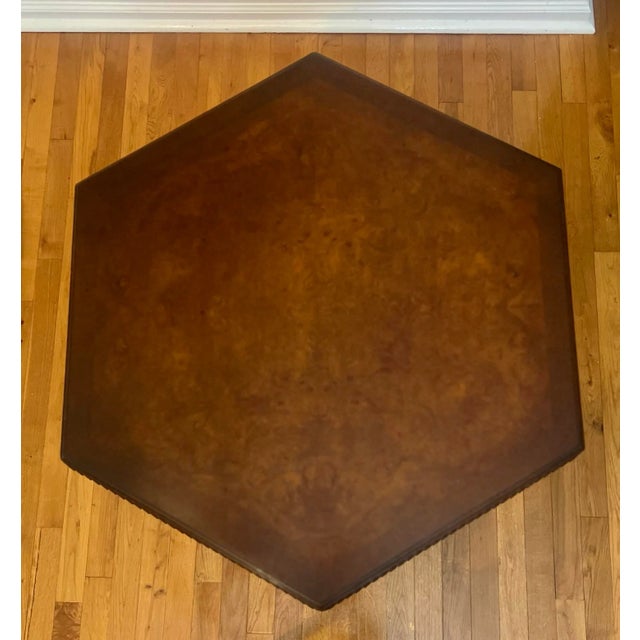 1930s 1930s French Carved and Book-Matched Walnut Burl Hexagonal Pedestal Table For Sale - Image 5 of 12