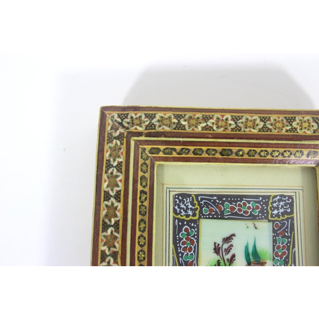 Vintage Miniature Hunting Painting in Persian Khatam Picture Frame With Bone, Wood and Brass Inlay, Table Top Easel Inlaid Photograph Frame For Sale - Image 6 of 12
