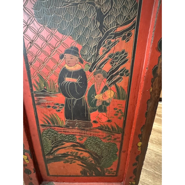 Mid 19th Century Qing Dynasty Shanxi Red Lacquer Painted Wedding Cabinet, Elm, Fully Decorated Back For Sale - Image 9 of 10