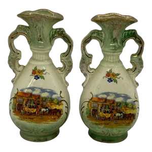 Vintage Staffordshire England Genuine Fenton Ware Bud Vases With “Dicken’s Days” Design - a Pair