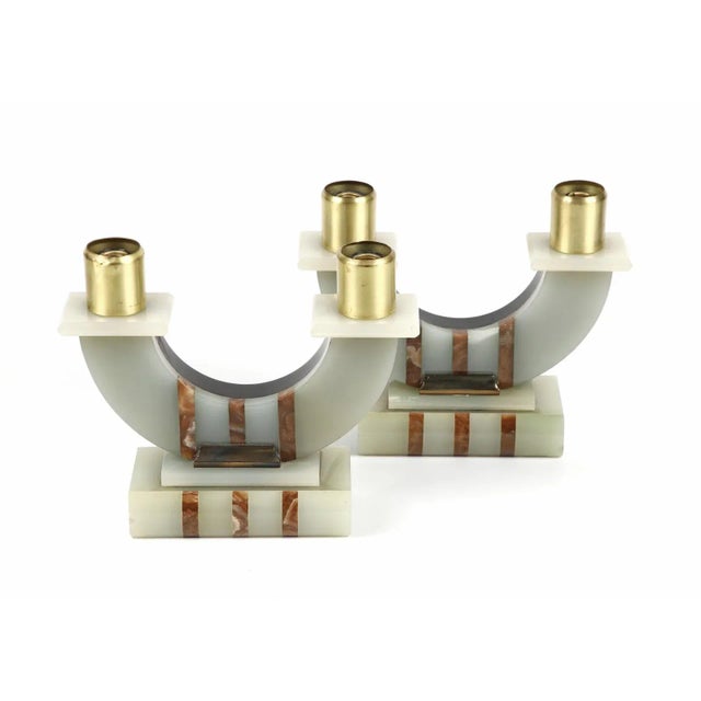 Art Deco Onyx and Marble Candlesticks in the style of Gio Ponti, Italy, 1940s, Set of 2 For Sale - Image 3 of 5