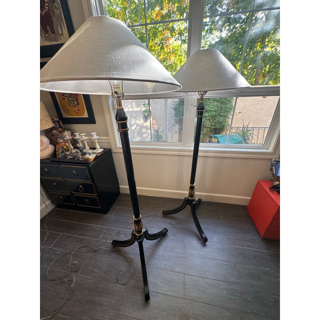 Onyx Vintage, Neoclassical Ebonized & Gilt Tripod Floor Lamps Pair For Sale - Image 8 of 12