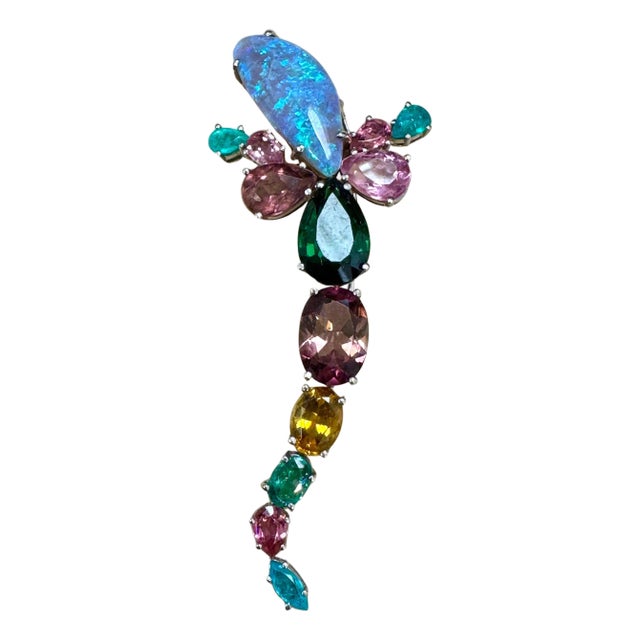 Opal, Green Tourmaline & Multi Color Stone Brooch /Pin 18 Kt Gold 13gm By Medina For Sale