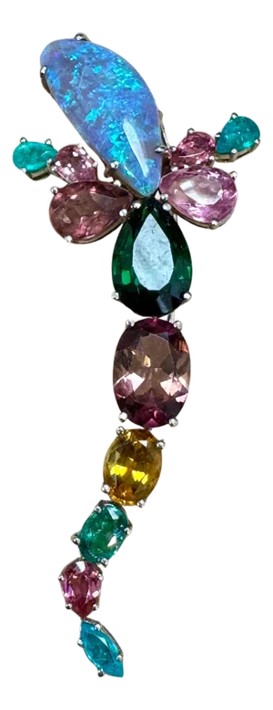 Opal, Green Tourmaline & Multi Color Stone Brooch /Pin 18 Kt Gold 13gm By Medina