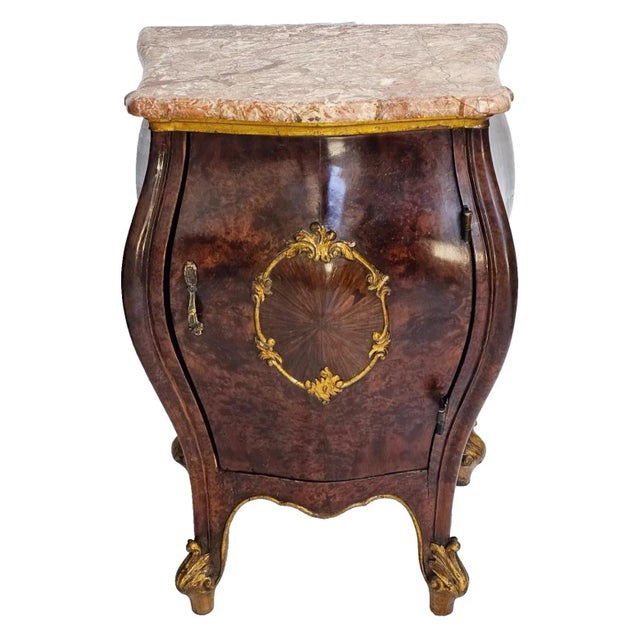 Art Nouveau Pair Antique 1900s Italian Bombe Nightstands Marble Tops Burl Walnut With Gilt Wood Accent For Sale - Image 3 of 12