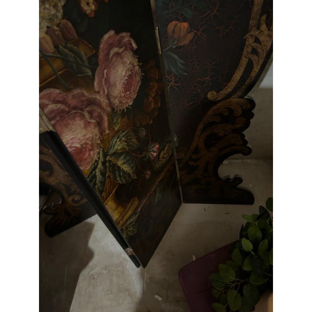 Rococo 1980s Cerede Ornate Floral Three Panel Folding Room Divider Screen For Sale - Image 3 of 3
