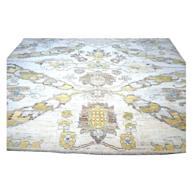 Early 21st Century 21st Century Turkish Oushak Wool 10x13 Gold, Ivory & Slate Blue Handmade Area Rug #1144129 For Sale - Image 5 of 13