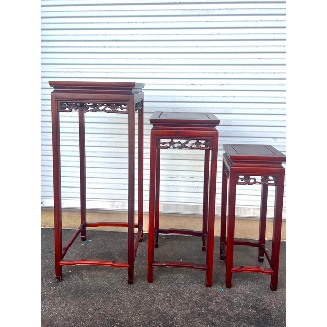 Chinese Vintage Handcarved Chinese Pedestal Table Plant Hongmu Stands -3pc For Sale - Image 3 of 5