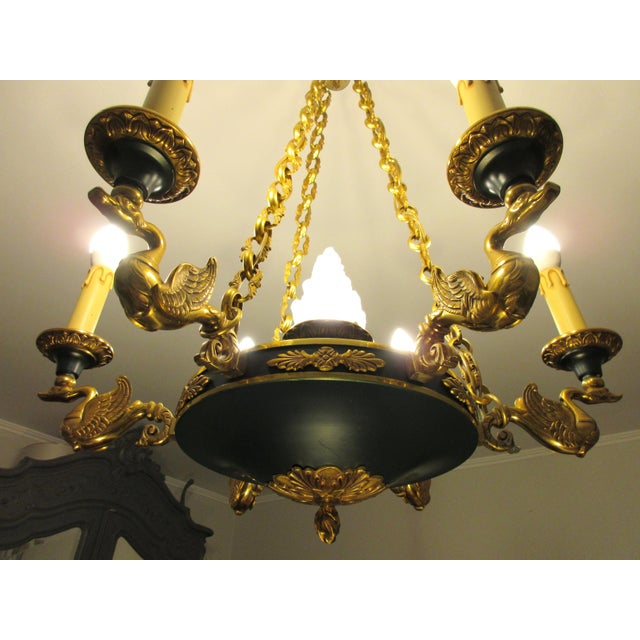 1970s French Napoleon Empire Style Brass Chandelier with Swans and Green Glass Lampshades, 1970s For Sale - Image 5 of 18