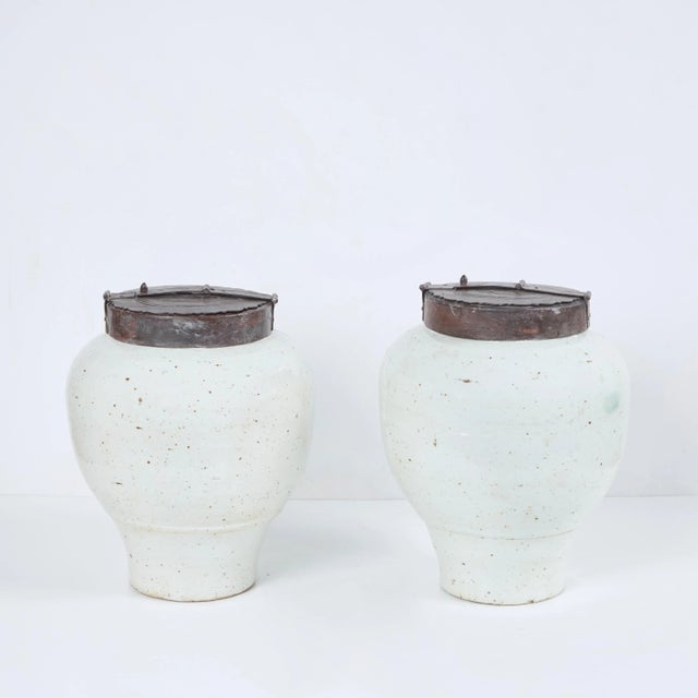 Metal Porcelain Covered Tea Jars - A Pair For Sale - Image 7 of 7