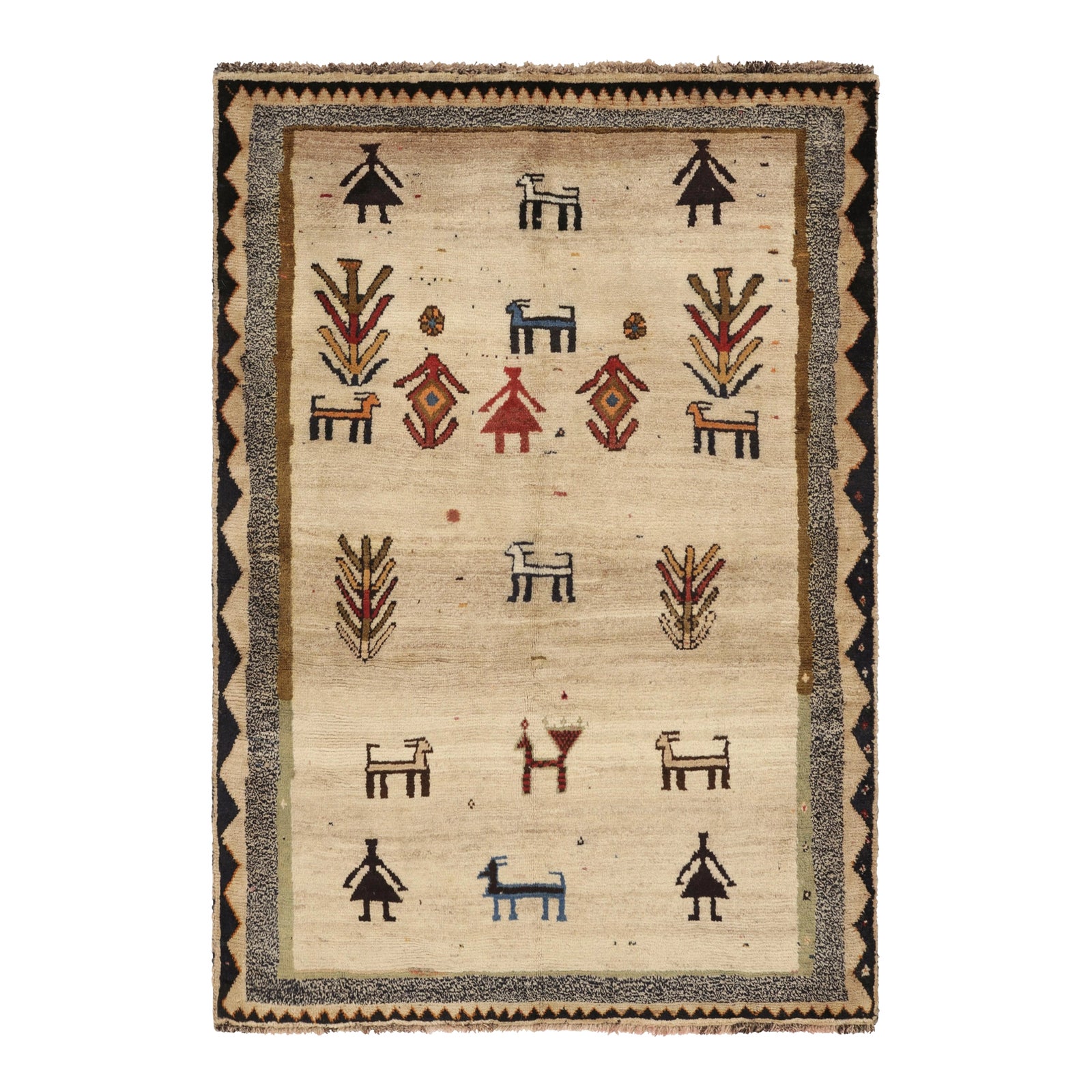 Vintage Gabbeh Persian Rug, Beige With Colorful Animal Pictorials - Rug ...