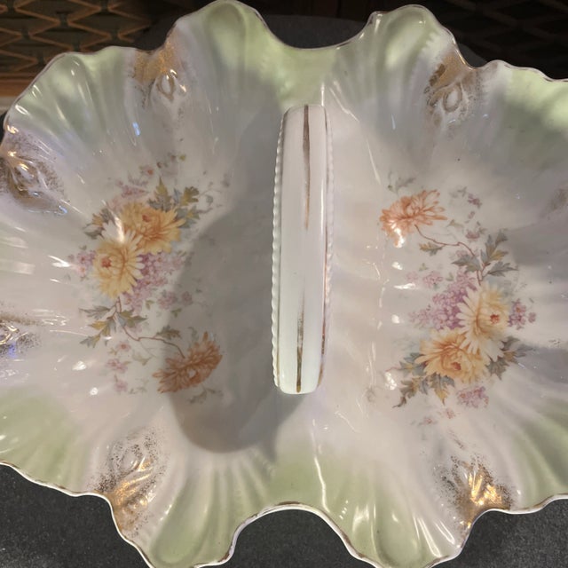 Large double sided serving tray C.T. Germany C.1875-1935. White interior with soft green tips/edges and colorful hand...