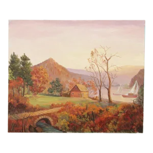 1980s 'Cabin Near the Lake' Original Oil Painting by Ann Yost Whitesell