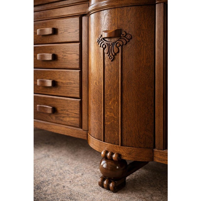 Antique Solid Oak Sideboard Cabinet With Carved Gallery Rail & Original Wood Pulls For Sale In Los Angeles - Image 6 of 12
