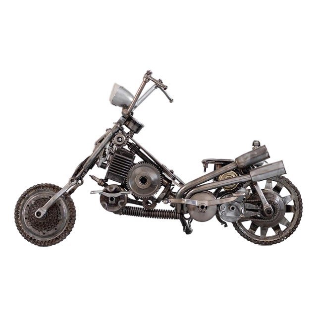 New Handcrafted Recycled Metal Motorbike Sculpture | 37" X 23" | One of a Kind For Sale