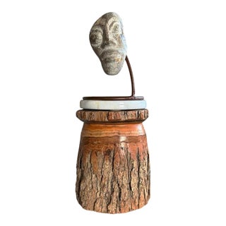 Surrealist Carved Stone Face Sculpture Steel Base Tribal Style Raw Wood Pedestal For Sale