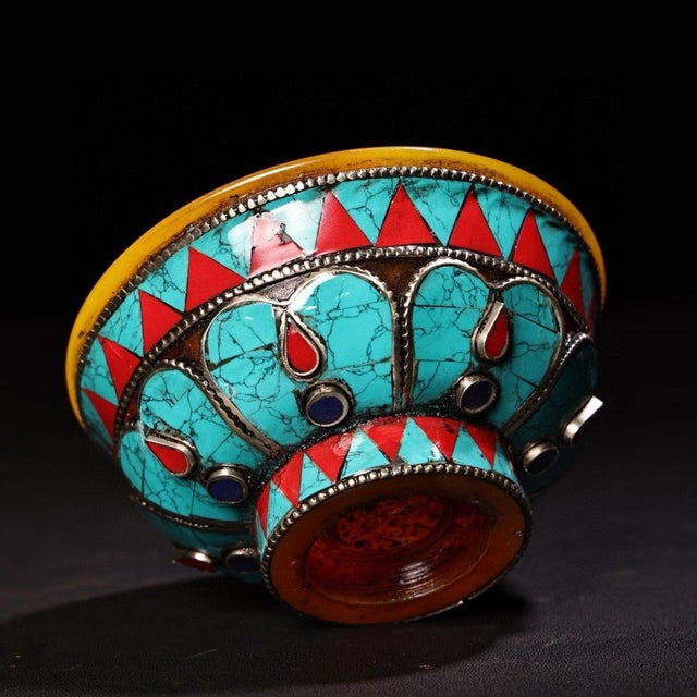 Shell Tibetan/Nepalese Style Handmade Amber Butter Bowl — Inlaid Turquoise, Coral & Filigree Metal For Sale - Image 7 of 9